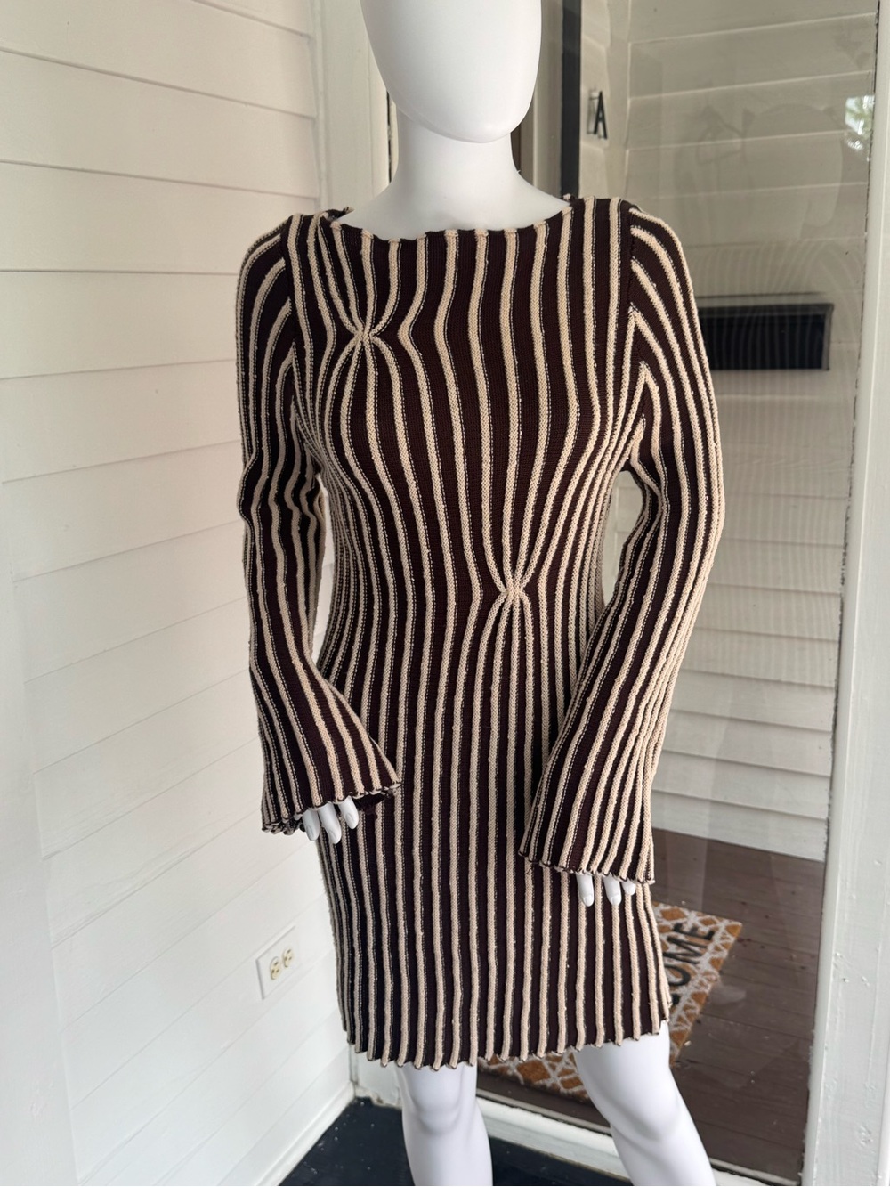 12th Tribe Striped Knit Long-Sleeve Bodycon Dress in Brown and Cream